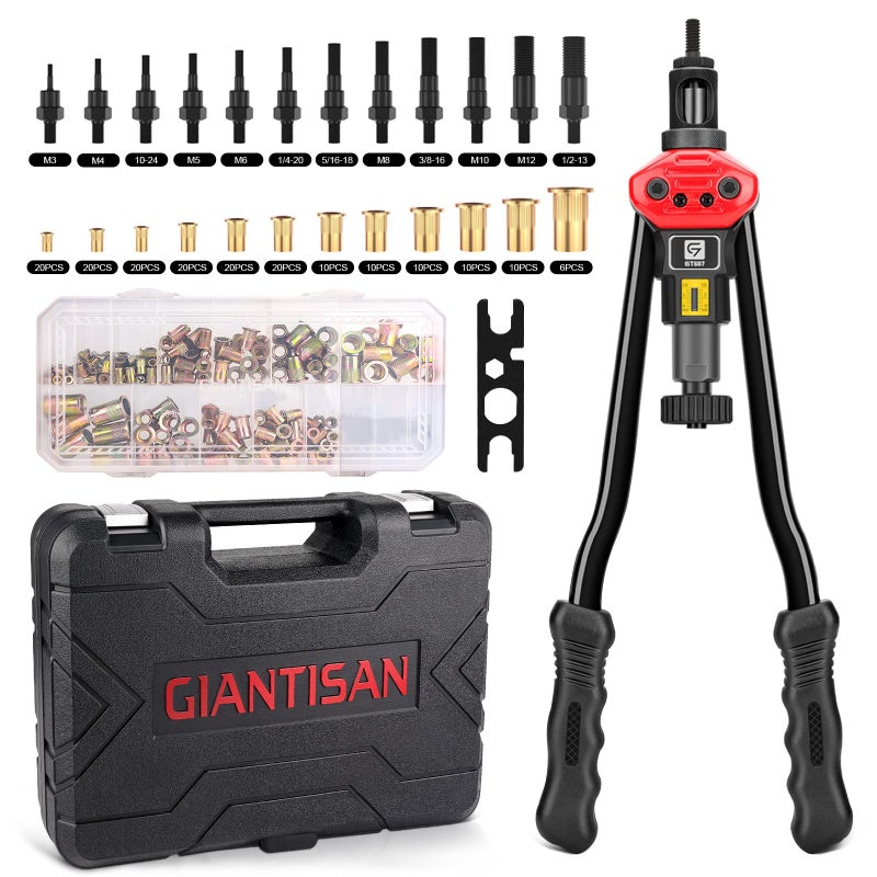 GIANTISAN طقم أدوات ريفيت نوت جيانتيسان، طقم ريفنوت بطول 16 بوصة مع 12 ماندرل متري و SAE، طقم تجميع ريفيت نوت 176 قطعة، مصمم لتوفير الجهد - Image 1